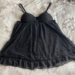 Ambrielle Black Velvet Floral Burnout Babydoll Sheer Slip Dress Top Large Goth